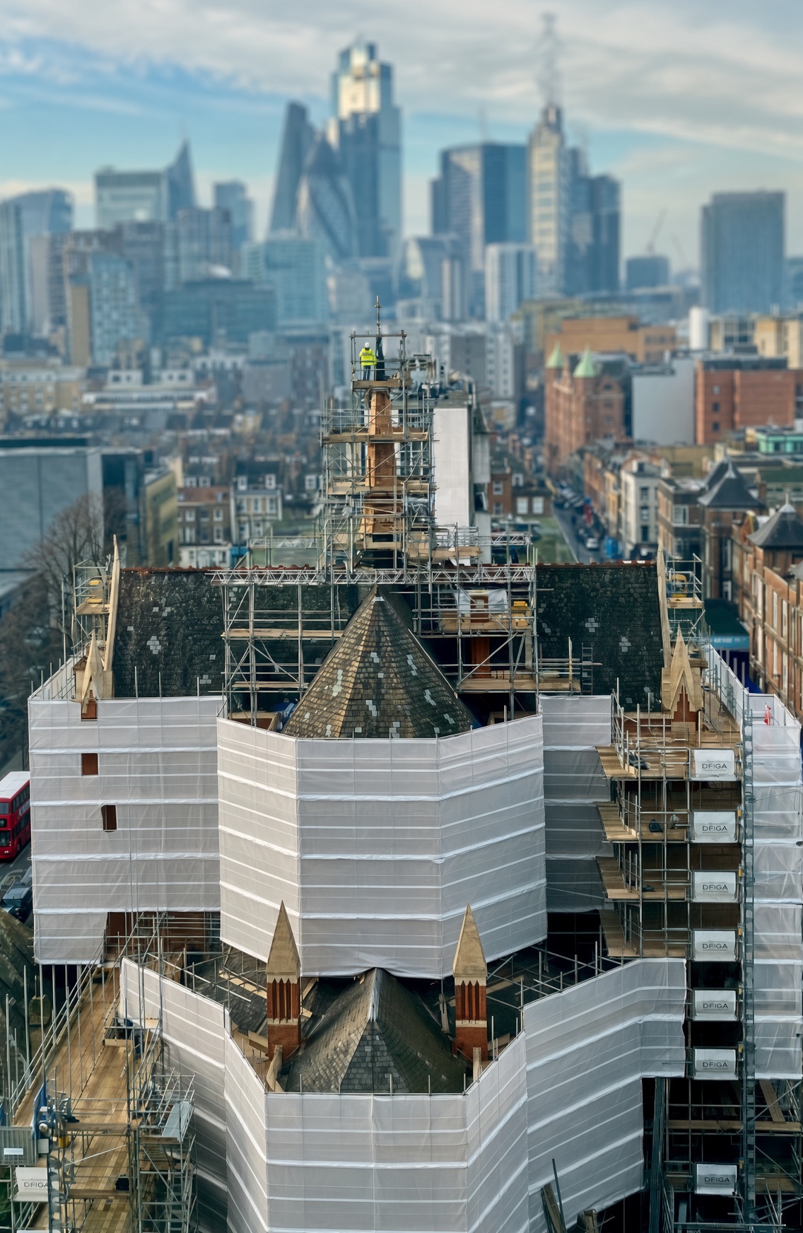 Scaffolding around Whitechapel Library and its roof spire